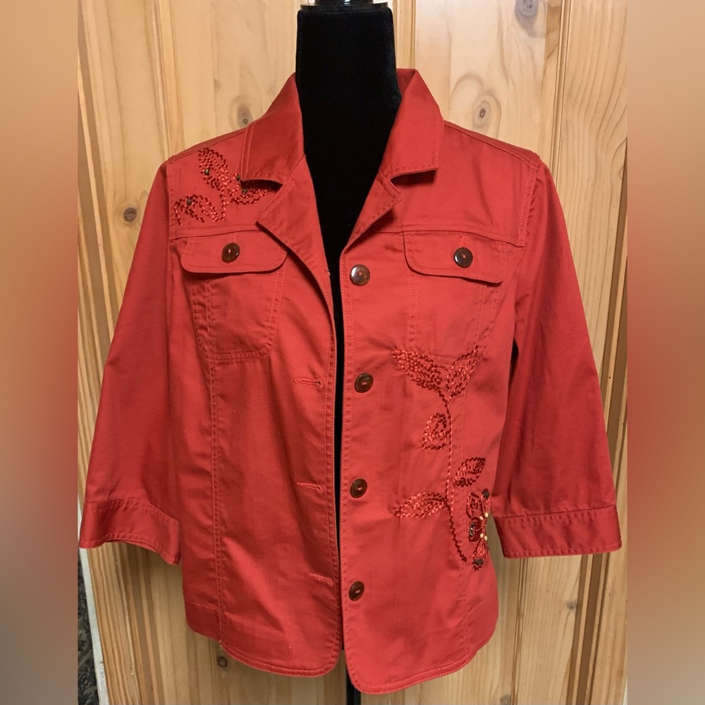 TanJay Red Jean Jacket with Artistic Floral Embellishment